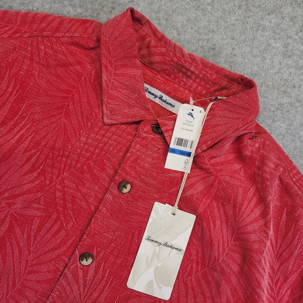 NEW Tommy Bahama Mens 1XLB Silk Short Sleeve Shirt Coral Red Tropical Leaves